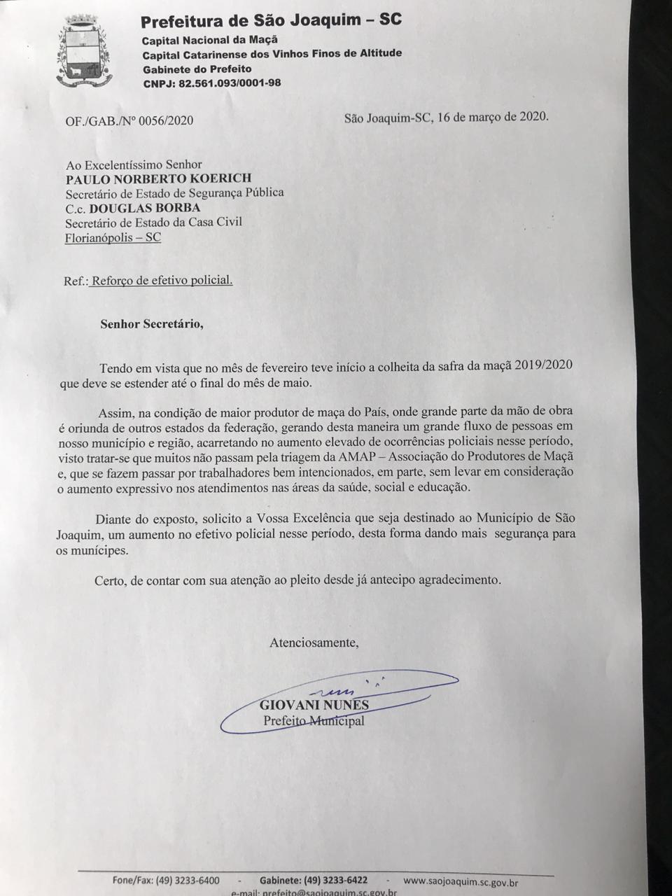 Você está visualizando atualmente Prefeitura de São Joaquim solicita reforço ao estado para a segurança pública municipal