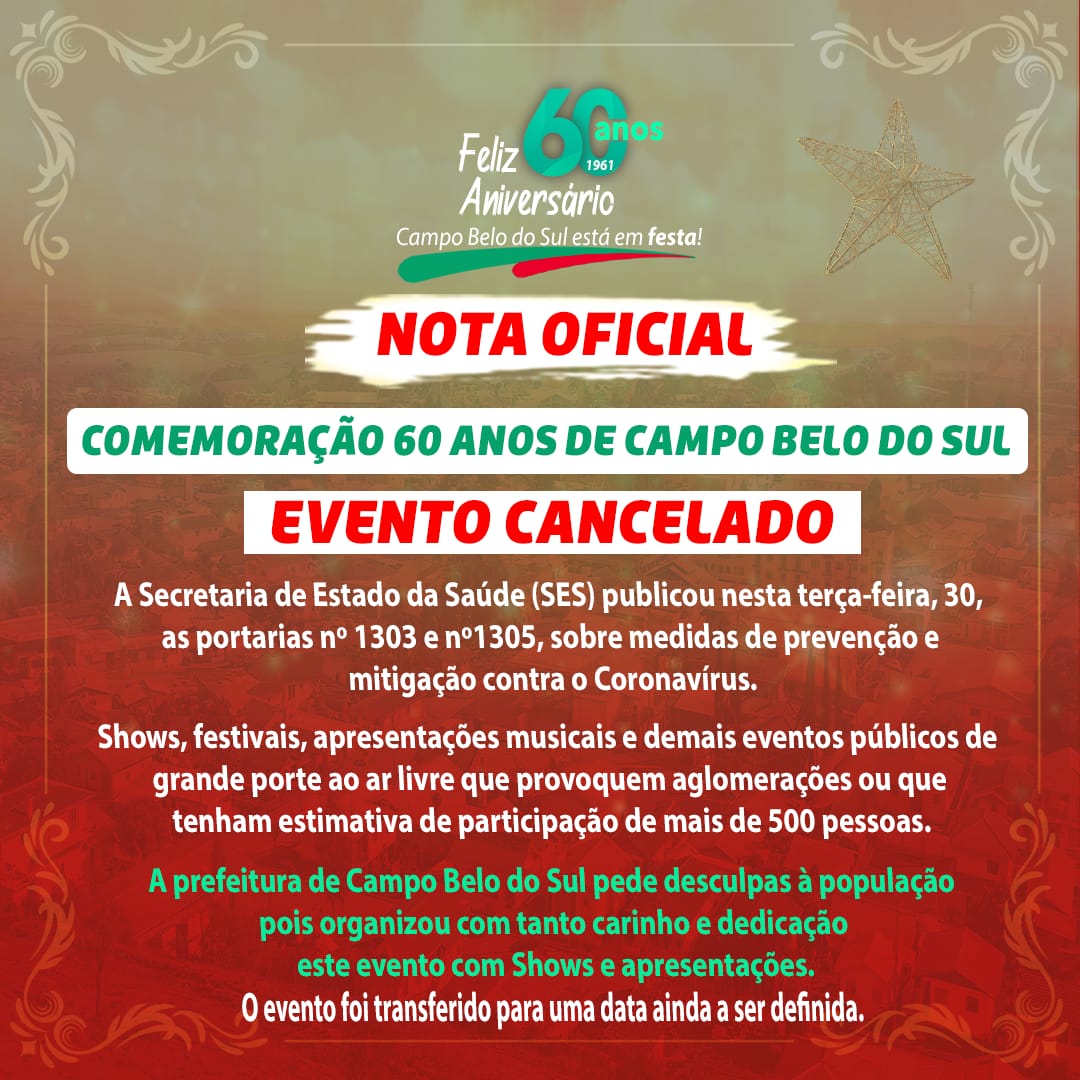 Você está visualizando atualmente Evento de Aniversário do município de Campo Belo do Sul é cancelado