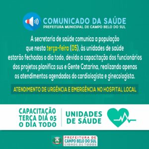 Leia mais sobre o artigo Não haverá atendimento nas Unidades de Saúde nesta terça-feira dia 05, para capacitação de funcionários