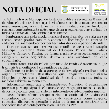 Leia mais sobre o artigo Nota Oficial – Administração Municipal e Secretaria Municipal de Educação de Anita Garibaldi