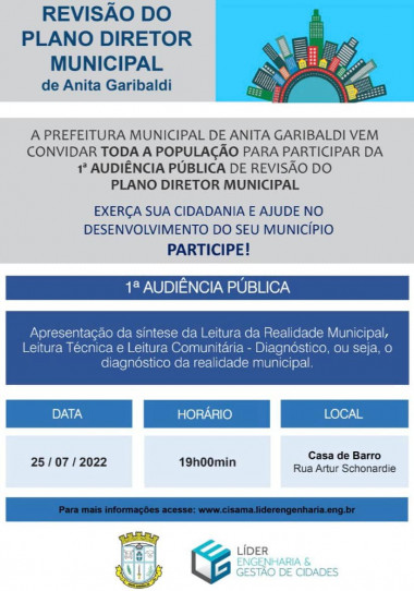 Você está visualizando atualmente 1ª Audiência Pública de Revisão do Plano Diretor Municipal acontecerá neste mês