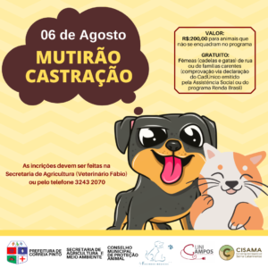 Leia mais sobre o artigo MUTIRÃO DE CASTRAÇÃO DE CÃES E GATOS – MÊS DE AGOSTO