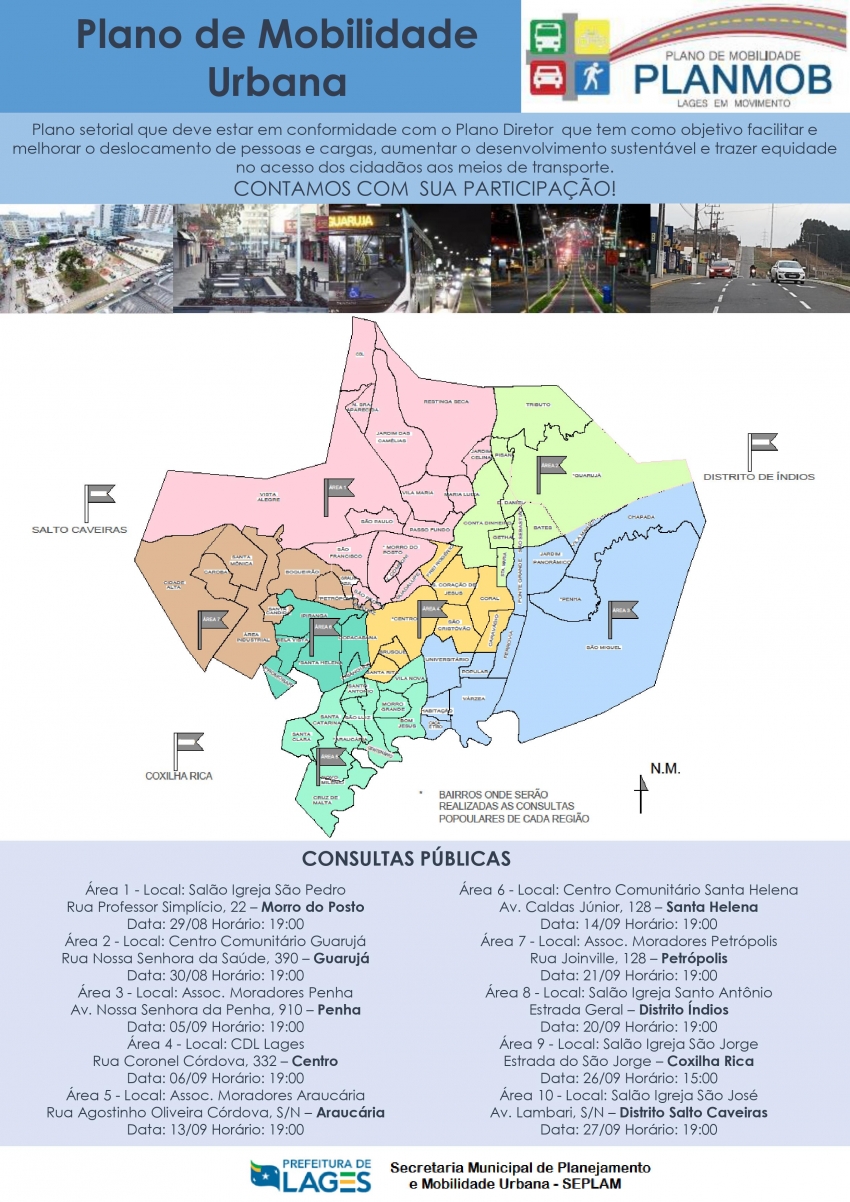 Leia mais sobre o artigo População de localidades urbanas e rurais poderá participar de consultas públicas referentes ao Plano de Mobilidade de Lages em dez datas em agosto e setembro