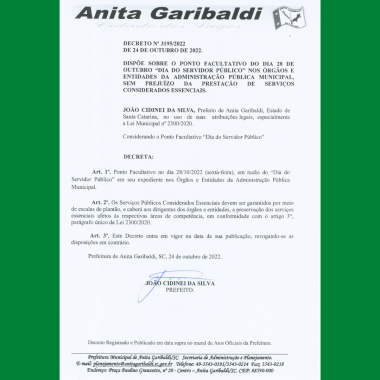 Você está visualizando atualmente Ponto facultativo na Administração Pública Municipal Anitense em 28/10/2022