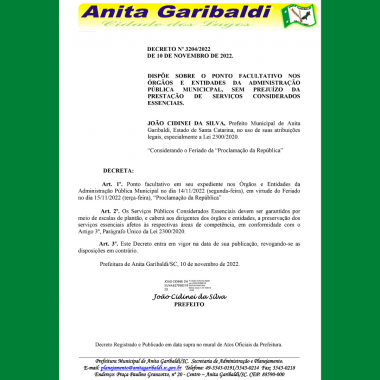 Leia mais sobre o artigo Publicado Decreto sobre ponto facultativo na Administração Pública Municipal em 14/11/2022