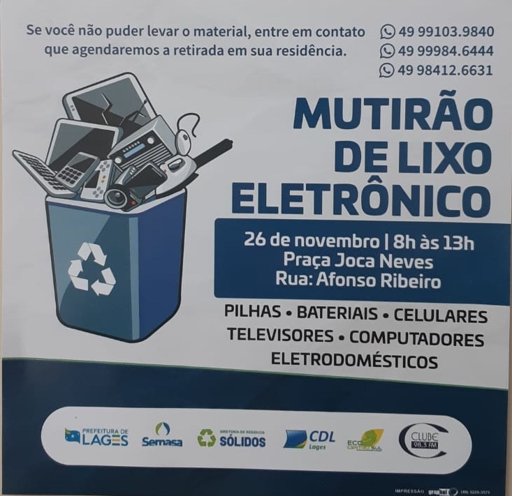 Você está visualizando atualmente Mutirão de Lixo Eletrônico será realizado no dia 26 de novembro na Praça Joca Neves