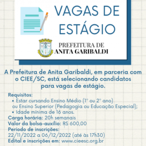 Leia mais sobre o artigo Vagas de estágio disponíveis na Prefeitura de Anita Garibaldi