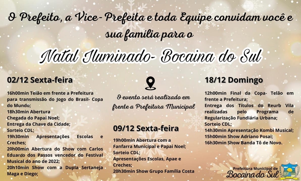 Você está visualizando atualmente Cronograma do Natal Iluminado de Bocaina do Sul