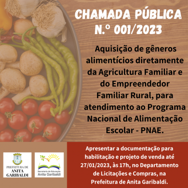 Leia mais sobre o artigo Aberta Chamada Pública para aquisição de gêneros alimentícios