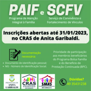 Leia mais sobre o artigo Inscrições abertas para o PAIF e SCFV de Anita Garibaldi