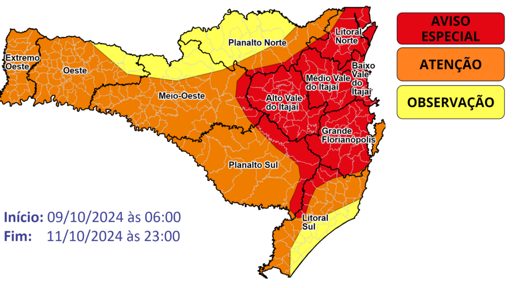 Leia mais sobre o artigo Aviso Especial SDC/SC: chuva persistente e volumosa entre quarta (09) e sexta-feira (11)